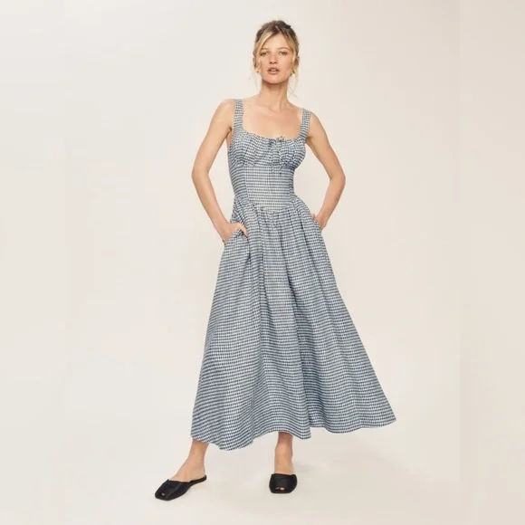 NEW Reformation Balia Midi Linen Dress in Slate Check Plaid Navy White | size 2 - Picture 5 of 16